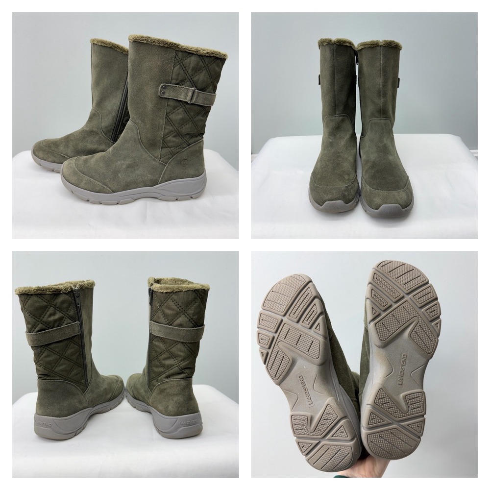 Lands' End Olive Green Faux Fur Lined Suede Leather Boots Womens 9.5 532391